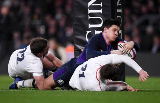 Sam Johnson barges under the posts to score his sensational try in last year's astonishing 38-38 draw at Twickenham. Picture: Laurence Griffiths/Getty Images