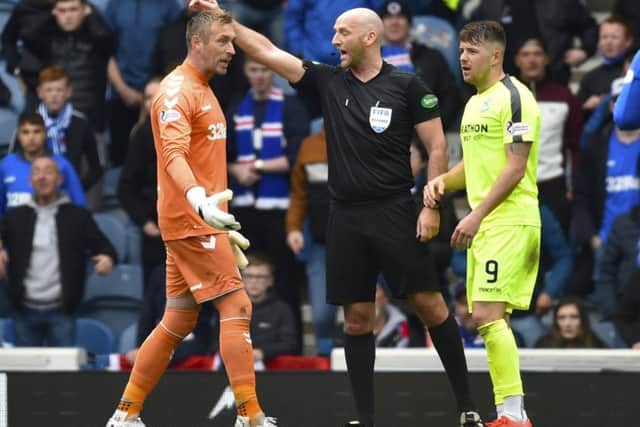 Rangers keeper Allan McGregor was sent off last season for kicking out at Hibs' Marc McNulty. Picture: SNS