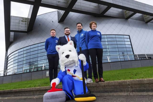 From left, Andrew Cromar, Councillor David McDonald, British national coach David Murdoch, Alison Barr and Sweep the Mascot at the Emirates Arena to launch the the LGT World Mens Curling Championship 2020. Picture: Bill Murray/SNS