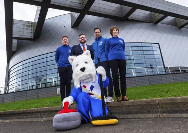 From left, Andrew Cromar, Councillor David McDonald, British national coach David Murdoch, Alison Barr and Sweep the Mascot at the Emirates Arena to launch the the LGT World Mens Curling Championship 2020. Picture: Bill Murray/SNS