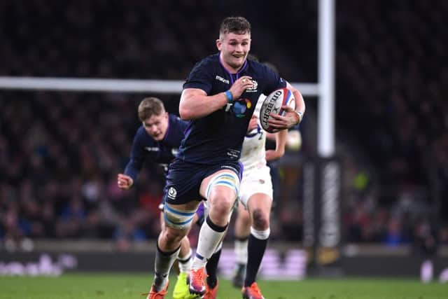 Magnus Bradbury breaks away to score Scotlands second try against England at Twickenham in 2019. Picture: Laurence Griffiths/Getty