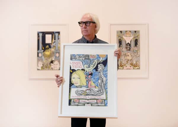 John Mackechnie MBE, Director of Glasgow Print Studio, with the work of artist, Alasdair Gray. Picture: John Devlin