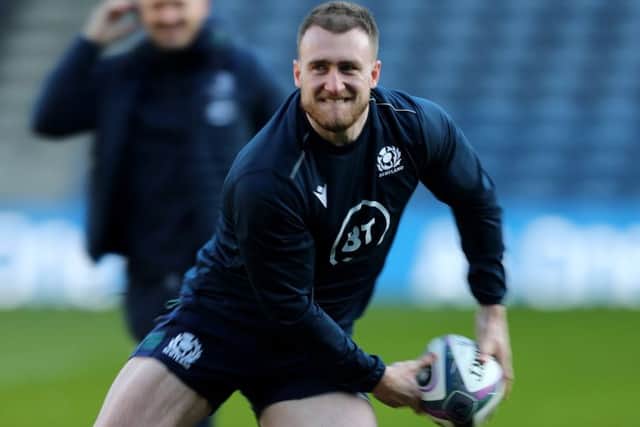Scotland skipper Stuart Hogg passes the ball during the captain's run at BT Murrayfield ahead of the Calcutta Cup showdown with England on Saturday. Picture: David Rogers/Getty Images