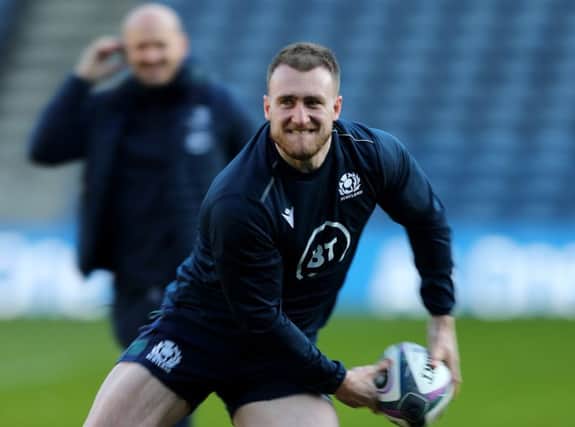 Scotland skipper Stuart Hogg passes the ball during the captain's run at BT Murrayfield ahead of the Calcutta Cup showdown with England on Saturday. Picture: David Rogers/Getty Images