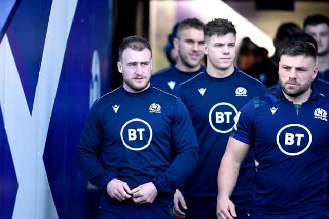 Tunnel vision: Scotland skipper Stuart Hogg, left, walks out for the Captain's Run at BT Murrayfield. Picture: Ian Rutherford/PA
