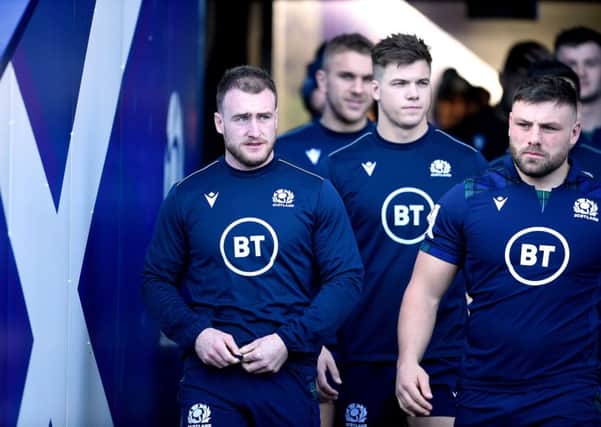 Tunnel vision: Scotland skipper Stuart Hogg, left, walks out for the Captain's Run at BT Murrayfield. Picture: Ian Rutherford/PA
