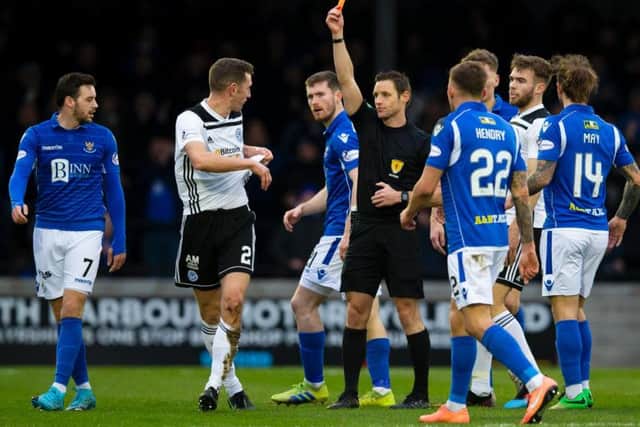 Aaron Muirhead of Ayr United is shown a red card for a rough challenge. Picture: SNS
