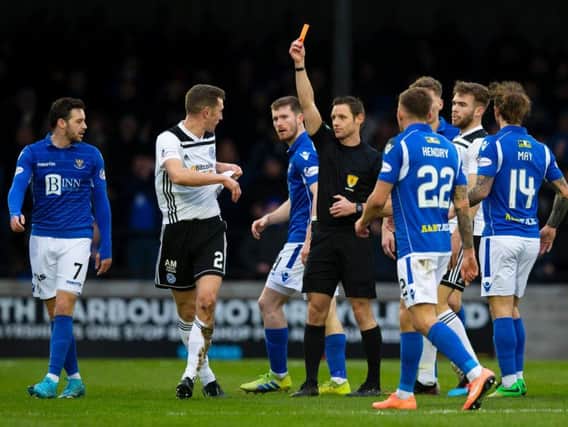 Aaron Muirhead of Ayr United is shown a red card for a rough challenge. Picture: SNS