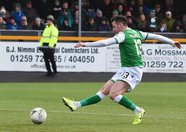 Marc McNulty completes his hat-trick to put Hibs 3-1 up against BSC Glasgow. Picture: SNS.