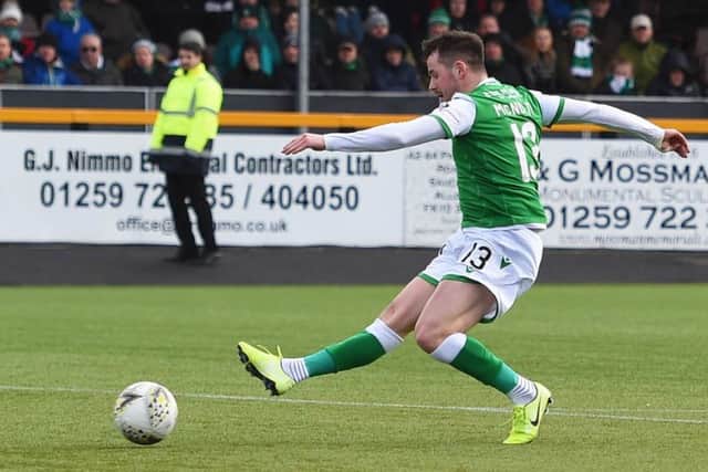 Marc McNulty completes his hat-trick to put Hibs 3-1 up against BSC Glasgow. Picture: SNS.