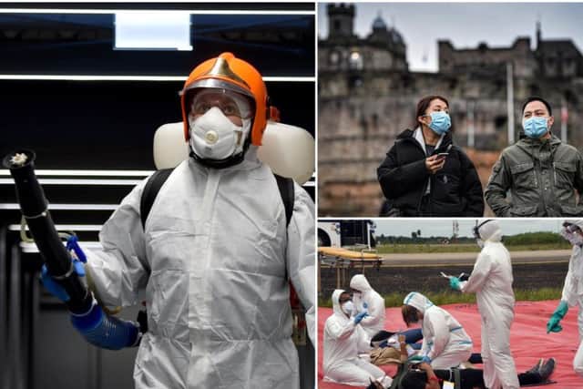 Images from around the world as Coronavirus concerns increase. Left: Disinfection worker at Budapest airport (Picture: Attila Kisbenedek). Top: People in surgical masks in Edinburgh (Picture: JPI Media). Bottom: Bolivian paramedics carry out containment drill (Picture: Aizar Raldes)