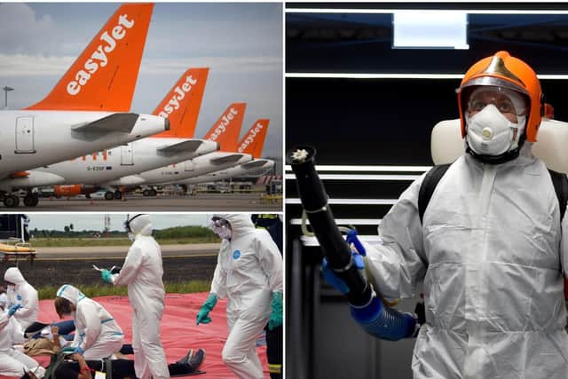 Images from around the world as Coronavirus concerns increase. Left: Disinfection worker at Budapest airport (Picture: Attila Kisbenedek). Top: An EasyJet plane (Picture: JPI Media). Bottom: Bolivian paramedics carry out containment drill (Picture: Aizar Raldes)