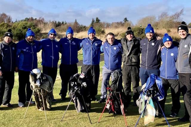 The seven ex-servicemen taking part in the Caddie School for Soldiers in Fife with their tutors.