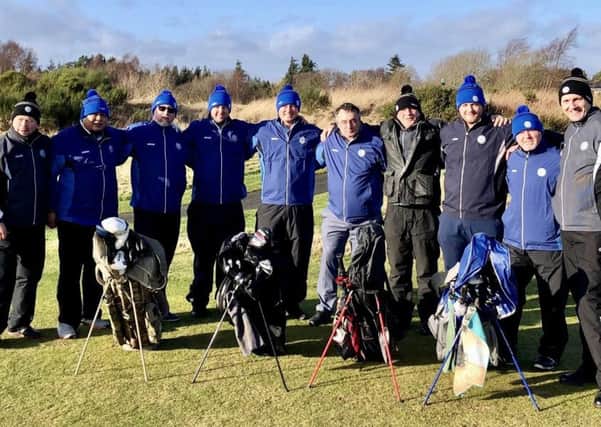 The seven ex-servicemen taking part in the Caddie School for Soldiers in Fife with their tutors.