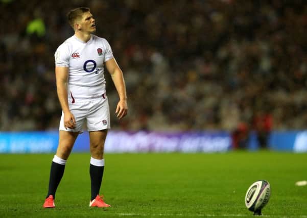 England's Owen Farrell in contemplative mode as he lines up a penalty at BT Murrayfield Stadium. He missed. Picture: David Davies/PA Wire