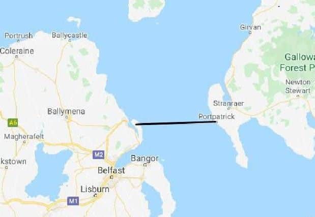One proposed route for the so-called 'Celtic Crossing' would see it span from Larne in Northern Ireland to Portpatrick in Dumfries and Galloway over Beaufort's Dyke. Picture: Google