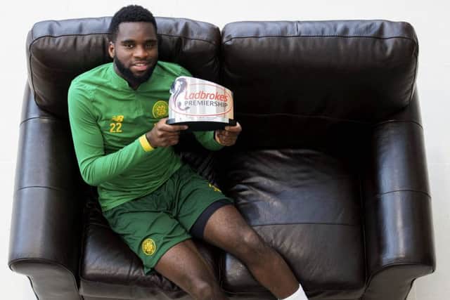 Odsonne Edouard with the Premiership player-of-the-month trophy for January.