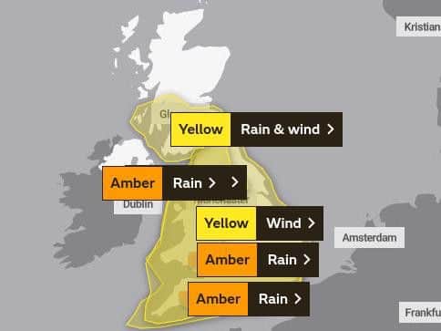 A Met Office yellow weather warning for rain and wind is in place from 9am to 6pm on Saturday (15 Feb) (Photo: Met Office)