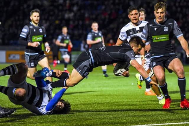 Glasgow scrum-half George Horne dives over to score his second try of the night. Picture: Craig Williamson/SNS