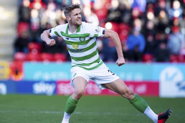 Kristoffer Ajer celebrates scoring Celtic's winner against Aberdeen. Picture: SNS.
