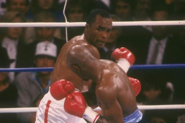 Sugar Ray Leonard, facing camera, defeats Marvin Hagler during a bout at Caesars Palace in Las Vegas, Nevada (Picture: Allsport/Getty)