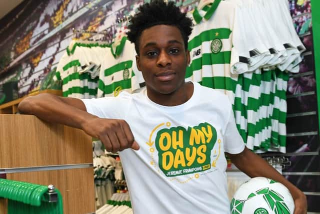 Celtic full-back Jeremie Frimpong models a T-shirt at the opening of the clubs new Braehead shop. Picture: Craig Williamson/SNS
