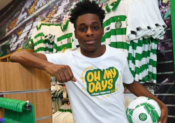 Celtic full-back Jeremie Frimpong models a T-shirt at the opening of the clubs new Braehead shop. Picture: Craig Williamson/SNS