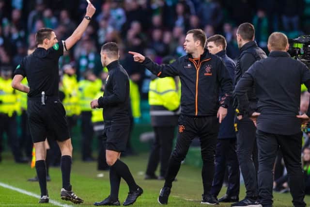 Michael Beale is red-carded during the Old Firm clash