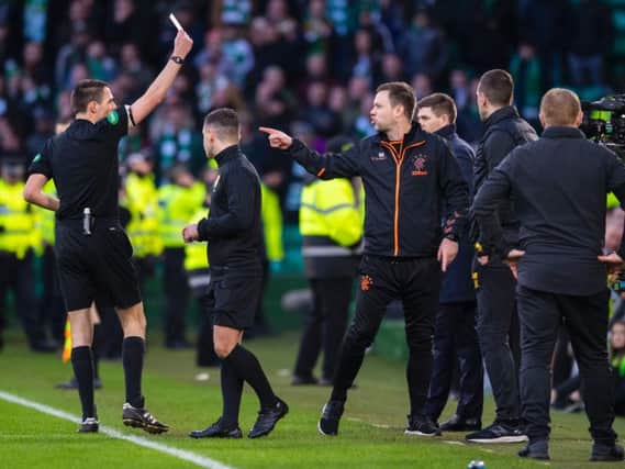Michael Beale is red-carded during the Old Firm clash