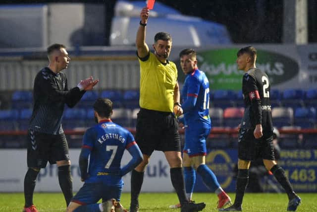 James Keatings is shown a red card after a challenge by Rangers' Ciaran Dickson which the SFA's disciplinary panel refused to rescind. Picture: SNS.