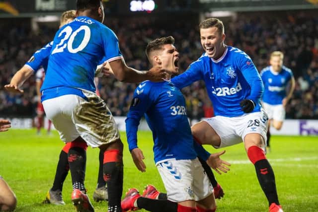 Ianis Hagi celebrates scoring for Rangers. Picture: SNS