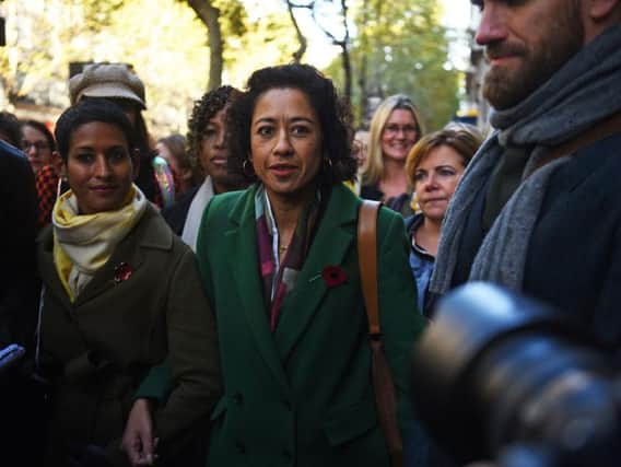 Journalist and broadcaster Samira Ahmed (centre) arrives at the Central London Employment Tribunal alongside fellow BBC presenter Naga Munchetty (left)
