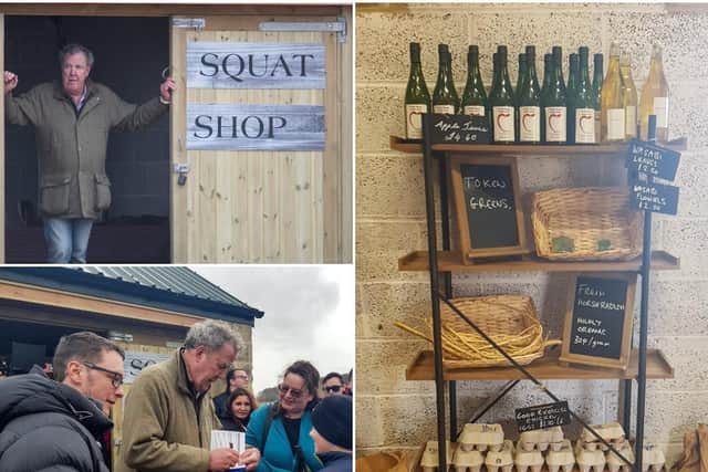 At the Squat Shop - named after his farm Diddly Squat - located near Chipping Norton, Cotswolds, the Grand Tour host sold potatoes, raffled off water in yellow bottles and gave away cider that had been donated by Blur's Alex James picture: PA